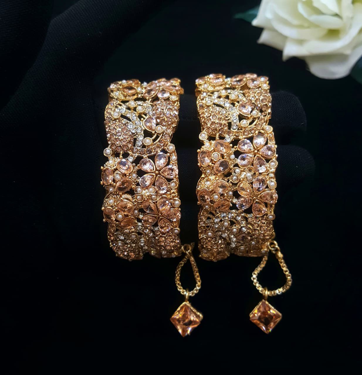 Luxury Floral Gold Bangles with Peach Stones & Pearl Detailing