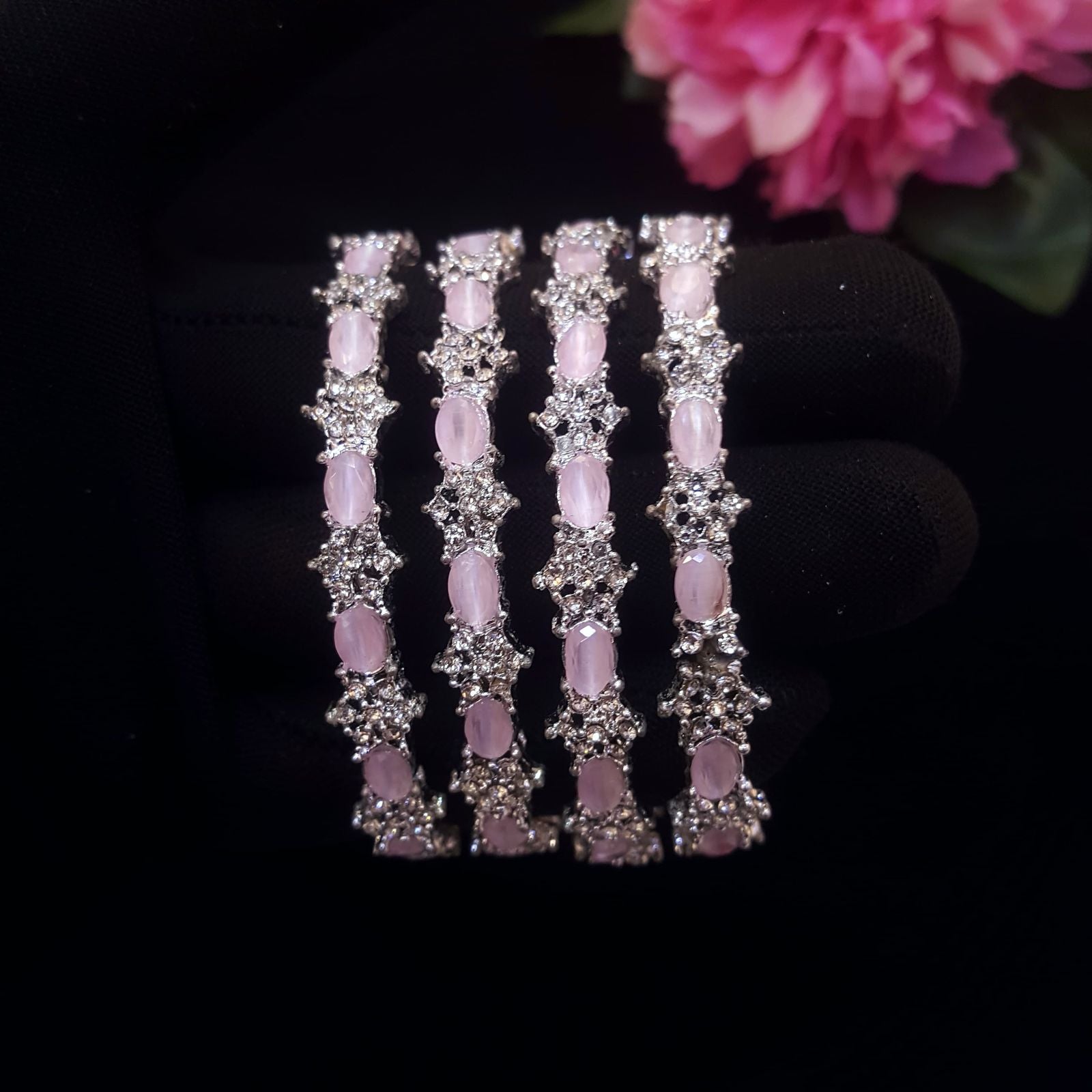 Pink & Gold Stone-Studded Bangles – Bridal & Party Wear Set