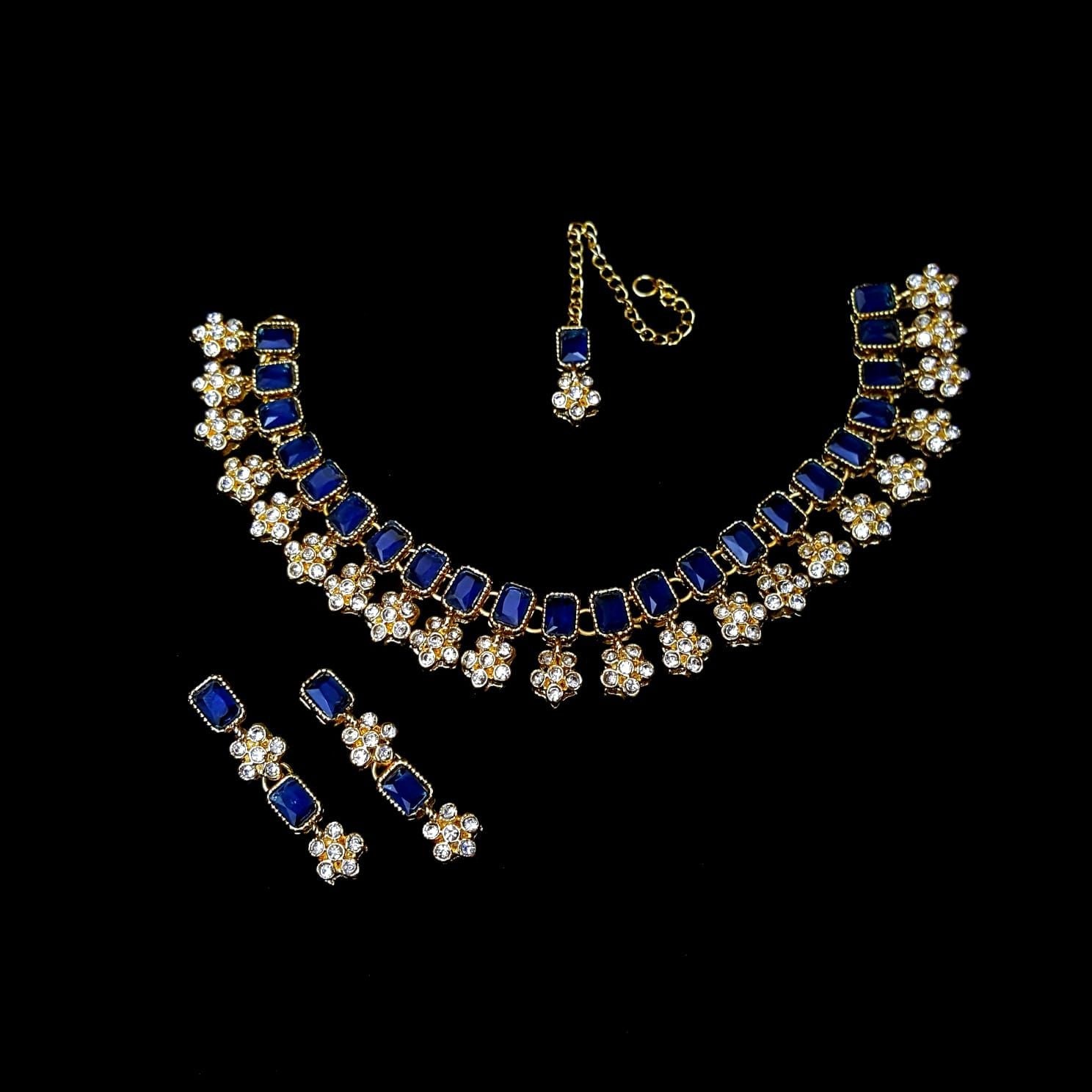 Royal Blue Bridal Necklace Set – Elegant Kundan Jewelry with Earrings & Tikka