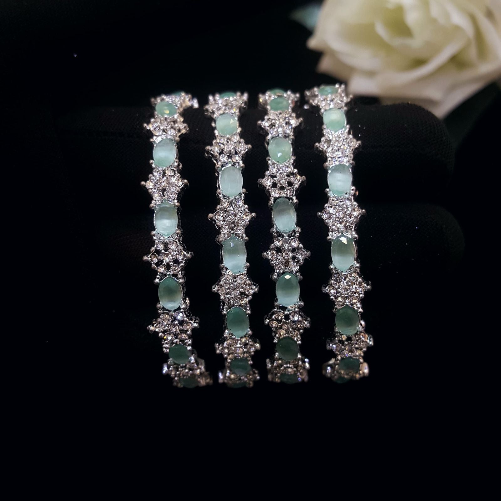 Sea Blue & Gold Stone-Studded Bangles – Elegant Bridal & Party Wear Set