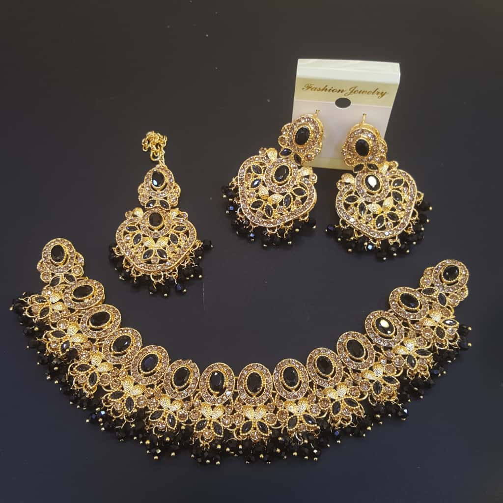Luxury Black & Gold Choker Necklace Set with Earrings