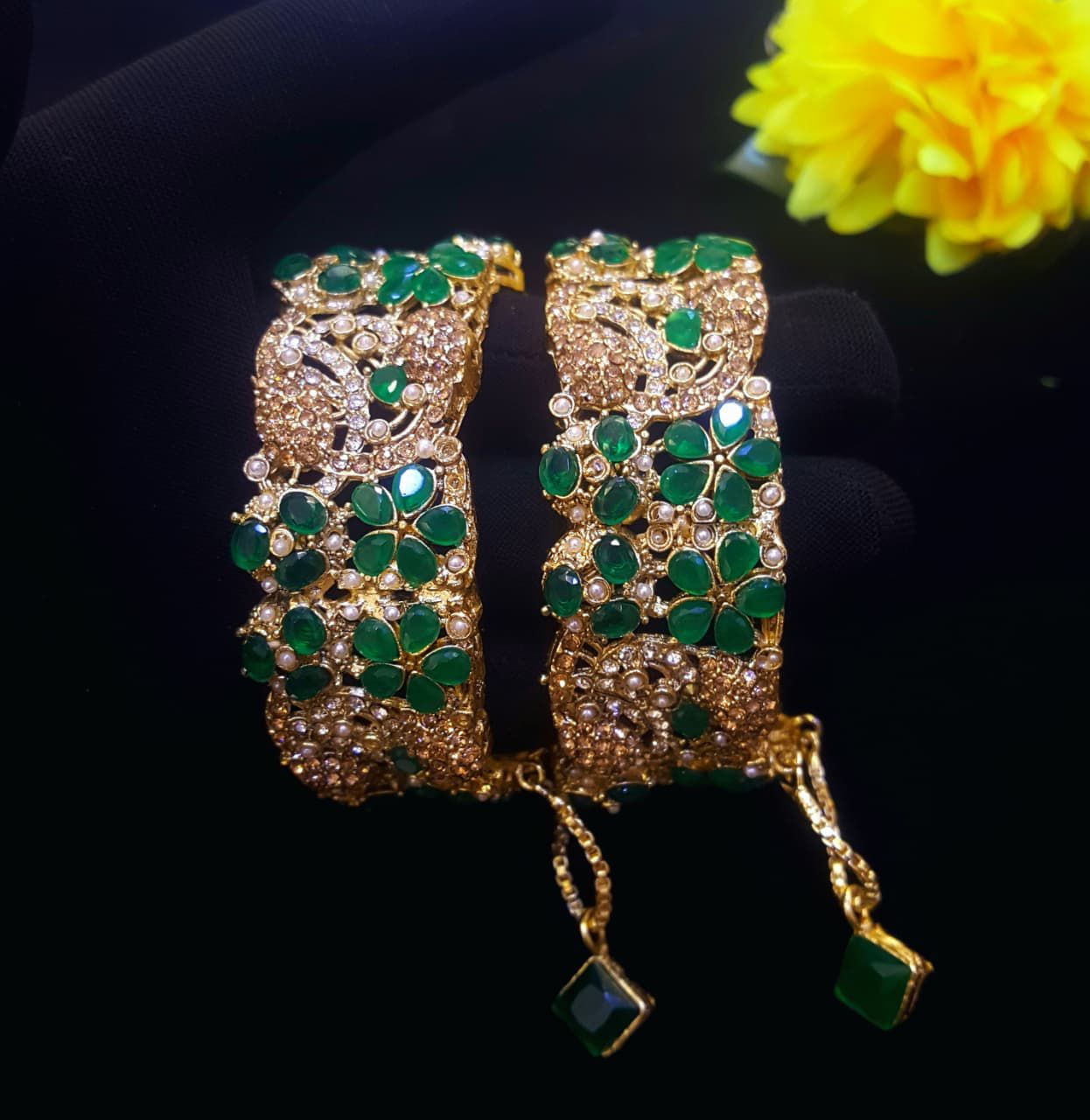 Royal Emerald Gold-Plated Bangles – Handcrafted Floral Design