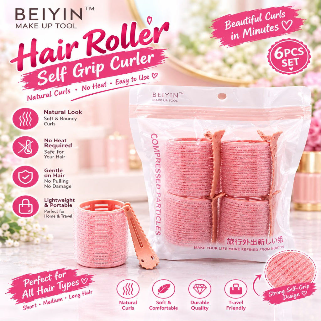 BEIYIN 6-Piece Self-Grip Hair Rollers - Pink Heatless Curlers