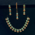 Emerald Sea Blue Necklace Set – Elegant Bridal Jewelry with Earrings & Tikka