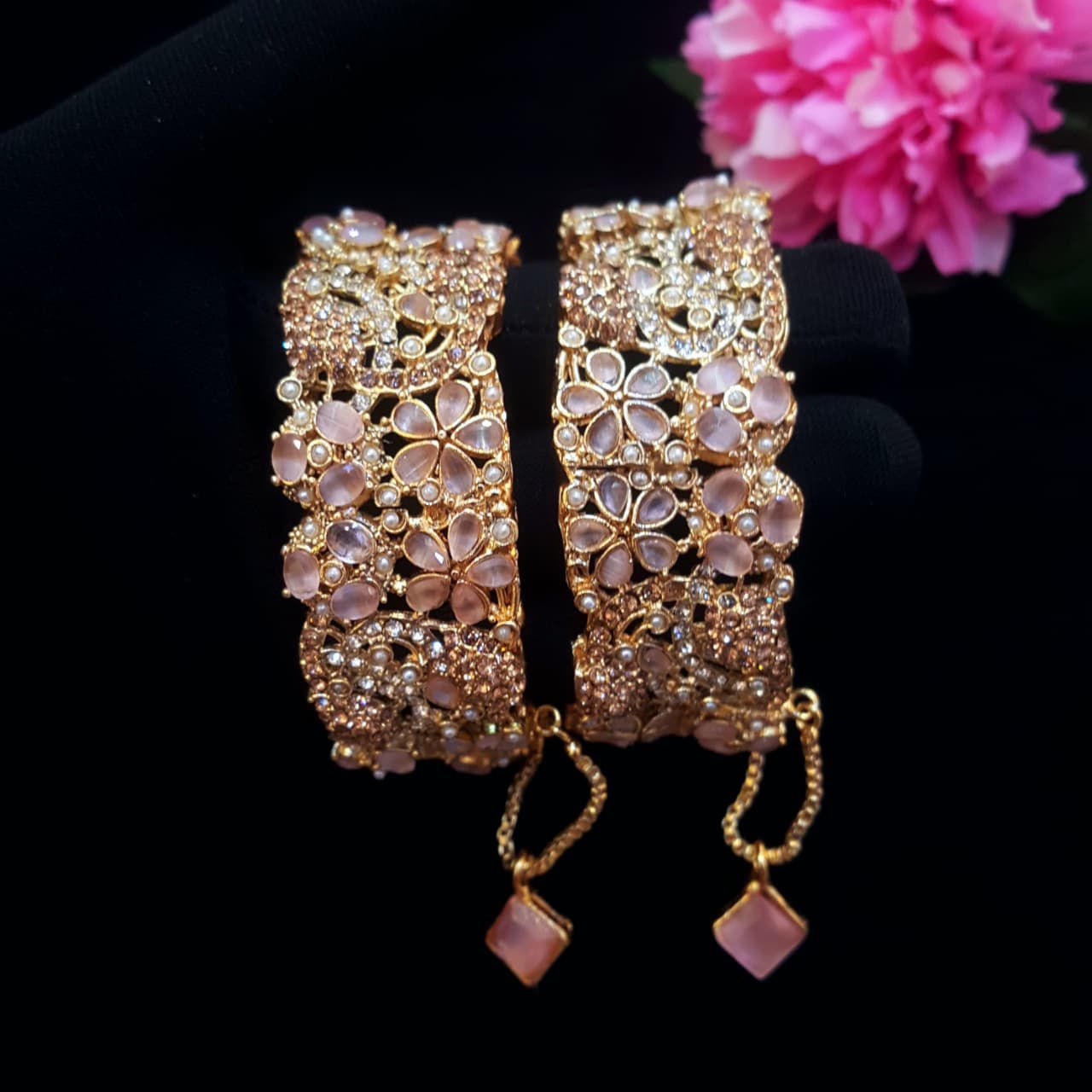 Elegant Gold Floral Stone Bangles – Pink & White Crystal Design